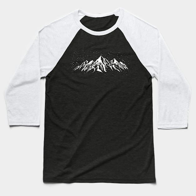 Minimalist snowy mountains Outdoor Explorers Hiking Adventure Baseball T-Shirt by hardy 